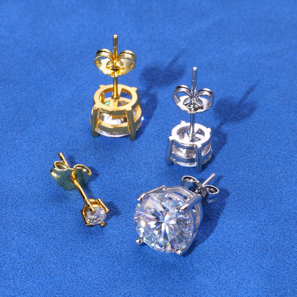 High-quality, simple and elegant men's and women's earrings featuring 925 silver round moissanite four-prong stud earrings from Europe and America - Image 5