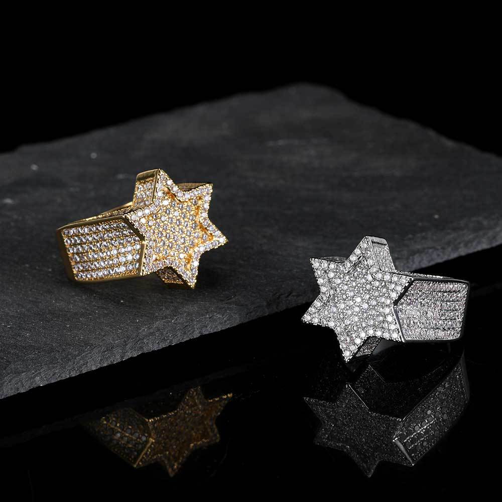New European and American micro-inlaid zircon hexagram men's ring, real gold electroplated, exaggerated and unique hiphop ring - Image 6
