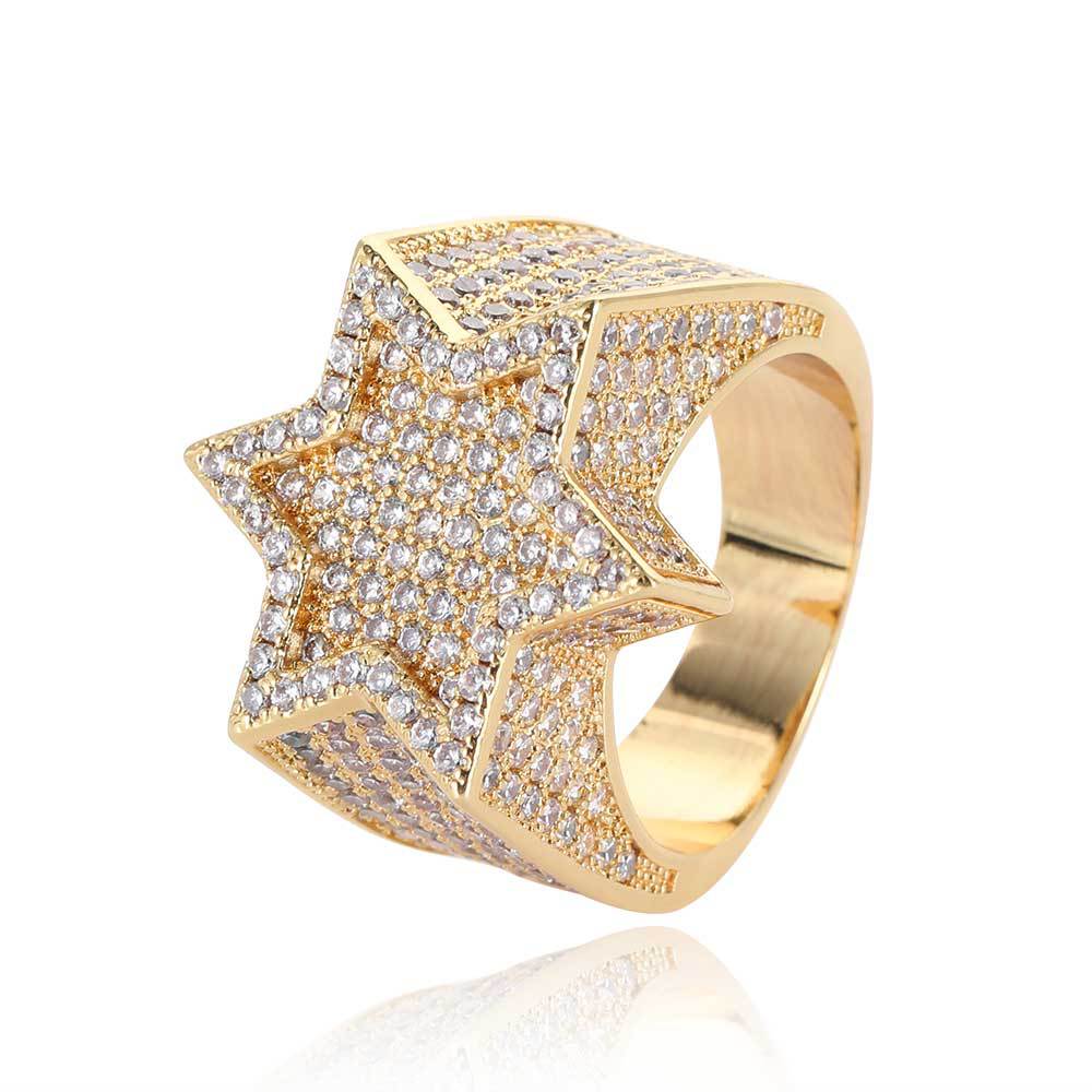 New European and American micro-inlaid zircon hexagram men's ring, real gold electroplated, exaggerated and unique hiphop ring - Image 4