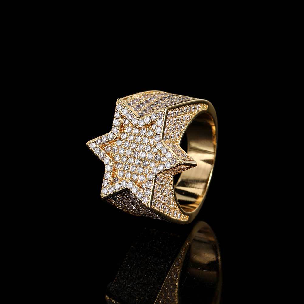 New European and American micro-inlaid zircon hexagram men's ring, real gold electroplated, exaggerated and unique hiphop ring - Image 3