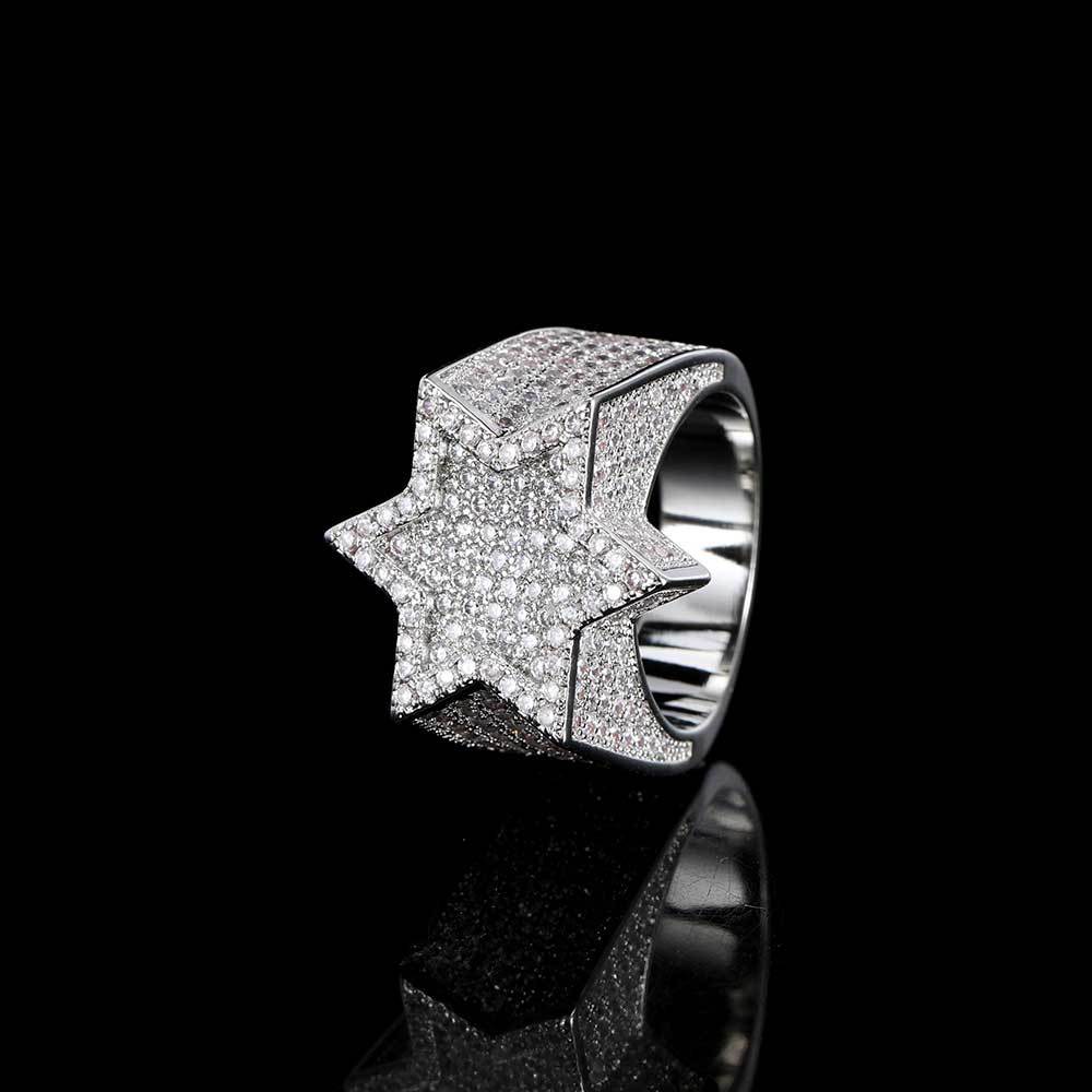 New European and American micro-inlaid zircon hexagram men's ring, real gold electroplated, exaggerated and unique hiphop ring - Image 2